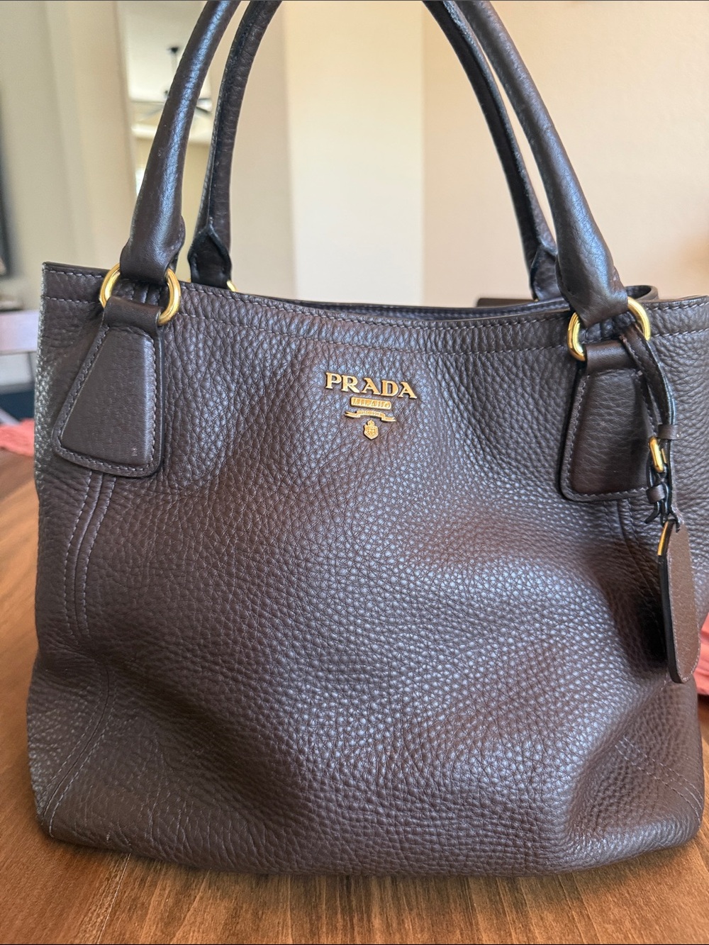 Prada Dark Brown Pebbled Leather Tote with Gold Hardware (COA included)